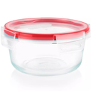 Pyrex Freshlock 4 Cup Round Food Storage Container: Glass Container with Lid, Oven & Microwave Safe, Clear/Red