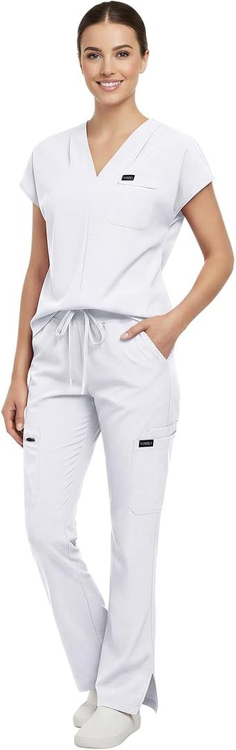 VIAOLI Scrubs for Women - V-Neck Top & Cargo Pants Uniform Womens Medical Scrubs Set for Nurses, Doctors, Size L