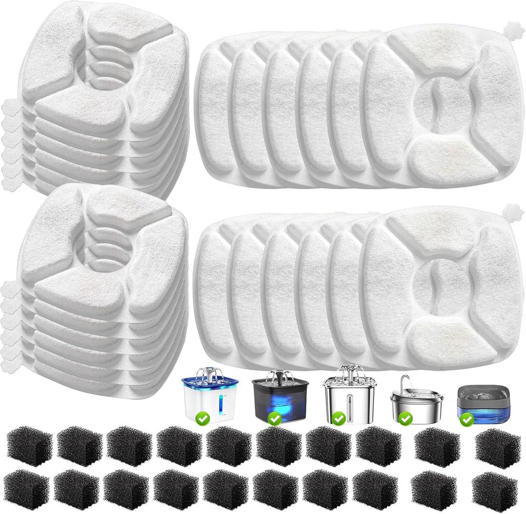 40 Pcs Cat Water Fountain Replacement Filters-20 Pack Cat Fountain Filters with 20 Pack Sponges, Enhanced Compatibility Pet Fountain Filter Fit for 95oz/2.8L 135oz/4L 67oz/2L Pet Drinking Fountain