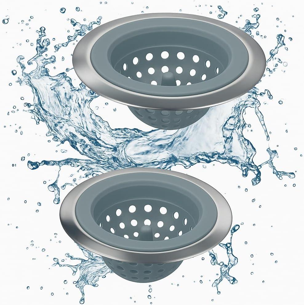 Kitchen Set of 2 Sink Strainers, Flexible Silicone Good Grip Kitchen Sink Drainers, Traps Food Debris and Prevents Clogs, Large Wide 4.5 Diameter Rim