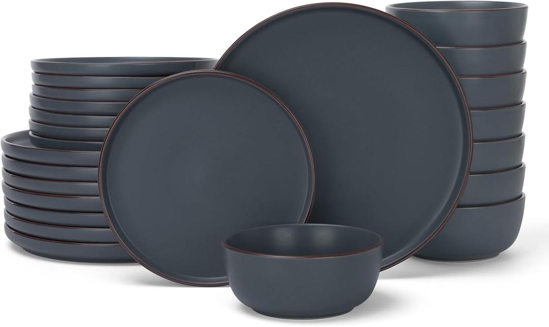 Famiware Mercury 24 Pieces Dinnerware Sets, Plates and Bowls Sets for 8, Microwave and Dishwasher Safe Dish Set, Charcoal