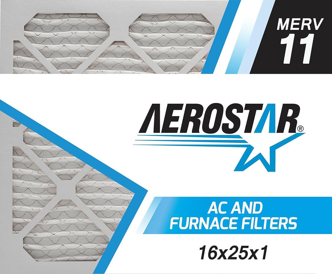Aerostar 16x25x1 MERV 11 - 4 Count - Pleated HVAC, Furnace & Air Conditioner Filters - Removes Dust, Cold & Flu Germs, Lint, Mold, Pet Dander, Allergy-Causing Pollen, Smog & Smoke