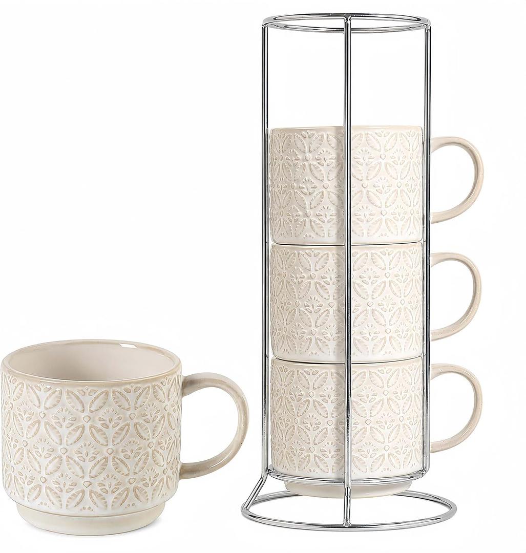 6 Oz Coffee Mugs with Stand, Stackable Ceramic Espresso Cups Set of 4, Embossed Coffee Cups Sets, Porcelain Cappuccino for Latte, Cocoa, Mocha, Tea, Dishwasher Safe, Vintage White
