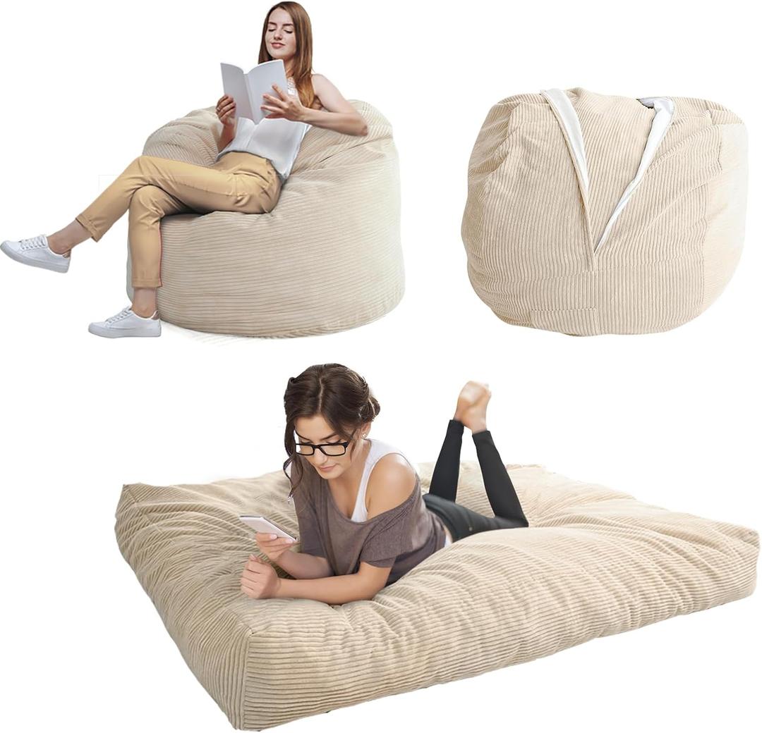 MAXYOYO Giant Bean Bag Chair Bed for Adults, Convertible Beanbag Folds from Lazy Chair to Floor Mattress Bed, Large Floor Sofa Couch, Big Sofa Bed, High-Density Foam Filling, Machine Washable (Full, Beige)