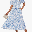 GRACE KARIN 2025 Women's Summer Floral Flowy A Line Midi Dresses Elegant Short Sleeve Smocked V-Neck Tiered Dresses S