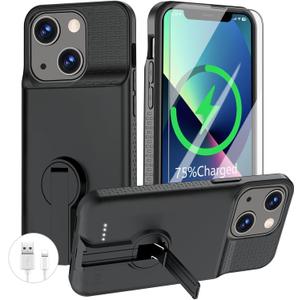 Battery Case for iPhone 13/13 Pro/14/14 Pro, Charging Case with Stand 7000mAh Rechargeable Ultra-Slim Anti-Fall Protection Extended Charger Cover for iPhone 14/14Pro/13/13 Pro Battery Case 6.1" Black