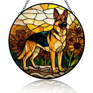 Stained Glass Suncatcher German Shepherd Among Sunflowers Handmade Window Hangings Colored Glass Suncatcher for Indoor Garden Christmas Home Decor Gift for Pet Dog Lover Memorial 6.3in