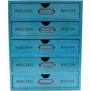 5 Drawer Wooden Desk Organizer, Wooden Storage Box Desktop Storage, Countertop Drawers Library Card Catalog Cabinet Apothecary Cabinet, Vintage Wood Home Office Desk Organizer (Blue)