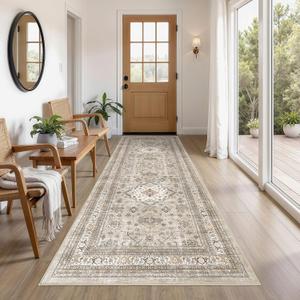 Vintage Hallway Runner Rug 3x8: Large Soft Washable Entryway for Kitchen Laundry Room Non-Slip Backing Runner for Entrance Living Room Bedroom Bathroom - Beige