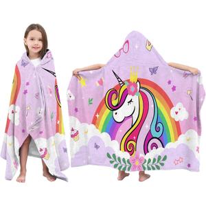 Kids Beach Towels Hooded Bath Towels for Girls, Rainbow Unicorn Toddler Beach, Bathroom, Pool Swim Towel for Girls 30 X 50 in