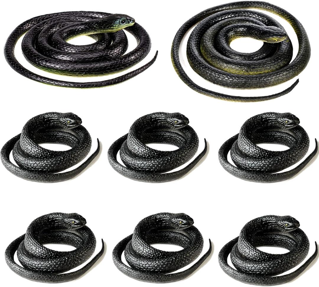 8 Pieces Large Realistic Rubber Snake Toys Fake Black Plastic Snakes That Look Real for Garden Props to Keep Birds Away, April Fools Day Prank Stuff Halloween Scary Toys, Large, Medium