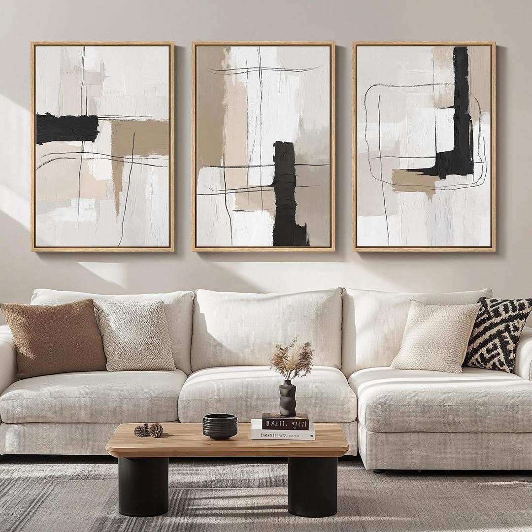 Large Framed Neutral Abstract Wall Art for Living Room, Set of 3 Modern Black and White Beige Canvas Prints Paintings Artwork for Walls, Minimalist Pictures for Bedroom Hallway Wall Decor 24x36 In, 24" W X 36" H X,  3pcs