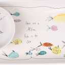 Creative Co-Op Rectangle Stoneware Plate with Fish Images and Matching Bowl (11-3/4"L x 5-3/4"W)
