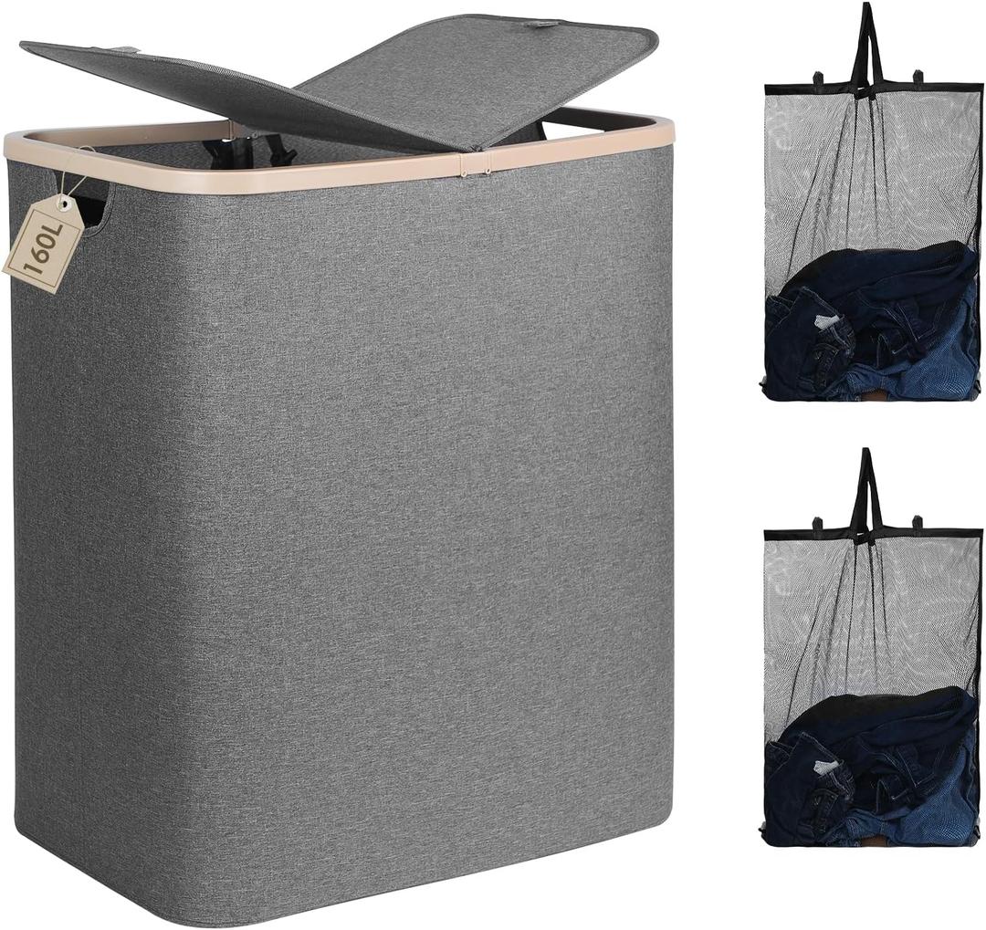 DOKEHOM 160L Double Laundry Basket with Removable Lid and Laundry Bags, Large Collapsible Laundry Hamper with 2 Sections (Grey)