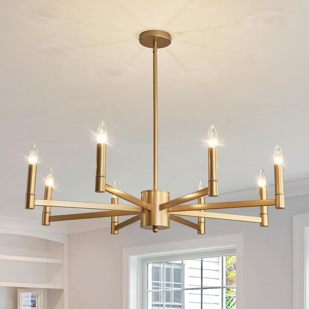ASGYISA 8-Light Gold Candle Chandeliers Modern Farmhouse Ceiling Light Fixture Industrial Lighting for Dining Room Living Room Bedroom Kitchen Island Foyer, 35.4inch
