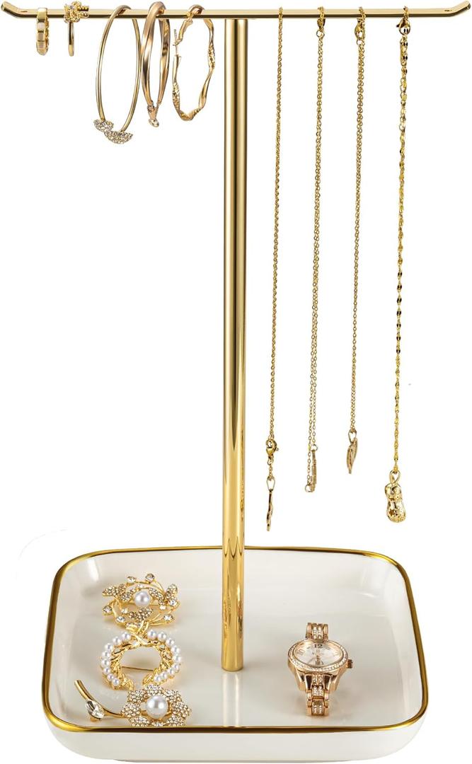 Jewelry Holder Stand with Ceramic Base: 12" Tall Necklace Organizer Rack, Tree Design Display Storage for Necklaces, Bracelets, Rings, Earrings, Aesthetic Room Decor for Girls and Women, Gold (6.7" Base, White)