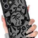 BITOBE Case for iPhone 16 [Compatible with MagSafe] Cute Ribbon Bow Pattern for Women Girls Soft TPU Bumper Translucent Magnetic Slim Protective Cover - Black Bows