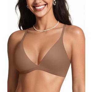 OEAK Womens Comfortable Triangle Bras No Underwire Sexy Plunge Unlined Bralette Pull On Bra Seamless Everyday Tshirt Bras (Beige, S)