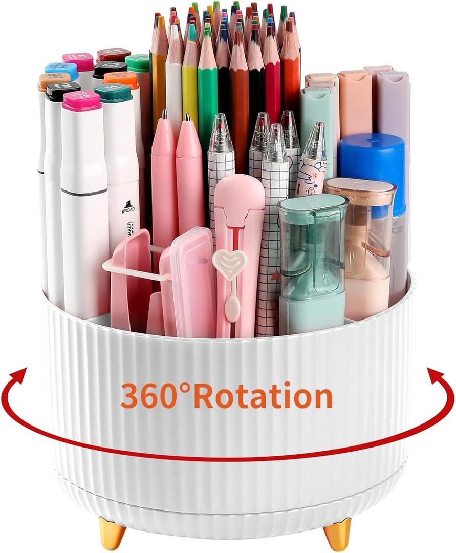 Desk Pencil Pen Holder, 5 Slots 360Degree Rotating Pen Organizers for Desk, Desktop Storage Stationery Supplies Organizer, Cute Pencil Cup Pot for Office, School, Home, Art Supply, White