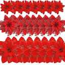 GREENTIME 24 Pcs Glitter Poinsettia Red Artificial Flowers Christmas With Clips Stems Xmas Tree Ornaments For Wedding Party Wreath Decoration