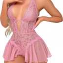 Sexy Lingerie for Women Lace Bodysuit One Piece Teddy Mini Babydoll Mesh Sleepwear V Neck Chemise Nightgowns (Pink, M)