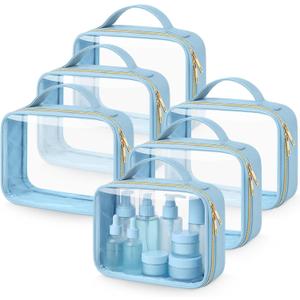Abbylike 6 Pcs Clear Makeup Bags Bulk Tsa Approved PU Leather Toiletry Bag with Handles Quart Size PVC Clear Travel Cosmetic Case for Women Wedding Bridal DIY Gifts Bachelorette Party(Blue)