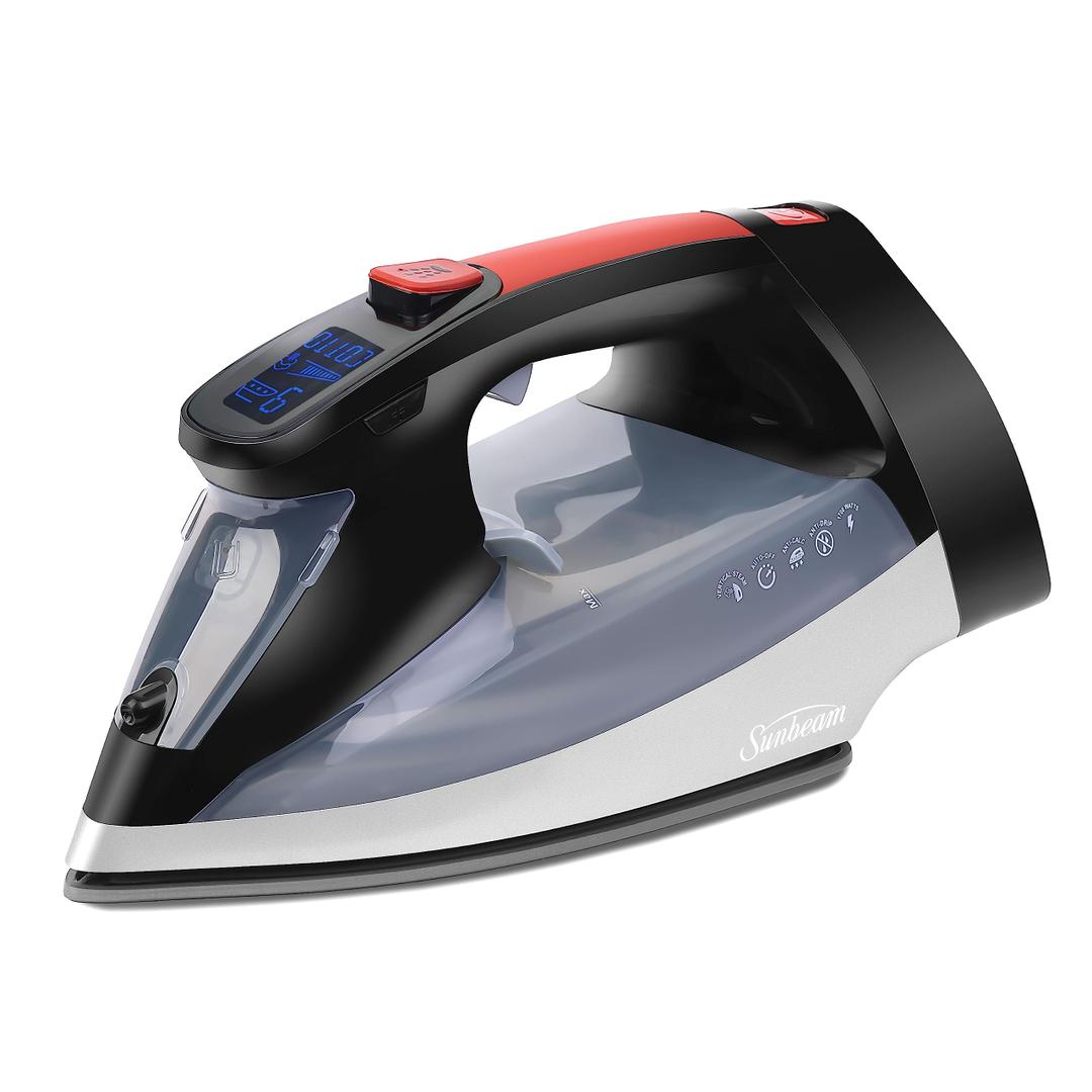 Sunbeam Professional 1700W Digital Steam Iron, 11-Heat Settings, Multi-Color LCD Display Screen, Precision Ironing, Horizontal or Vertical Shot of Steam, 8' Retractable Cord, Black and Red