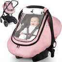 Rquite Car Seat Cover Baby, Winter Carseat Covers Boy Girl, Waterproof Infant Car Seat Cover Warm Car Seat Canopy for Cold Weather, Windproof Baby Carrier/Stroller Cover with 2 Layers Windows, Pink