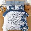 Anibedding Navy Floral Comforter Set King Size 7 Piece, Blue Flower Bed in a Bag, Elegant Botanical Floral Comforter Soft Microfiber Complete Bedding Set for All Season, (Navy Blue, 104"x90")