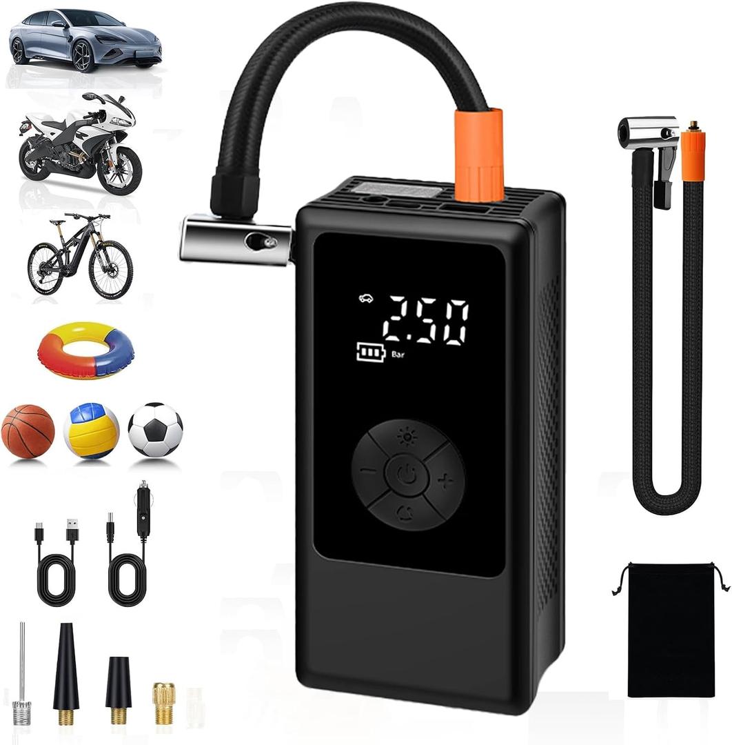 Tire Inflator Portable Air Compressor for Car Ball and Basketball for Sports Balls, Auto Air Pump for Car Tires Bicycle w Gauge Values Display, 150PSI Power Battery Bike Pump Cordless