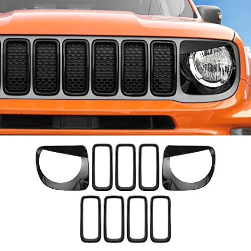 Front Grill Inserts Grille Inserts & Headlight Bezels Cover Trim for Jeep Renegade 2019+ (Black)