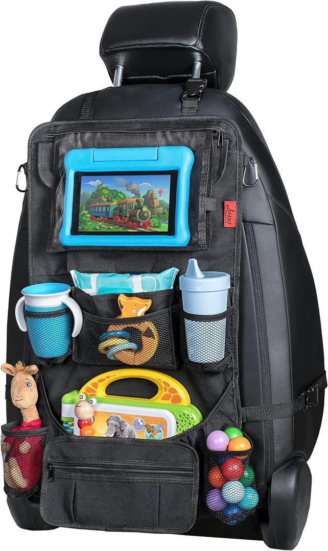 Lusso Gear Backseat Car Organizer- Kick Mat Protects Against Kids Feet - 12 Large Storage Pockets - iPad,Tablet, Water Bottle Holder- Durable, Heavy Duty Road Trip Essential (Black) (1-Pack Black)