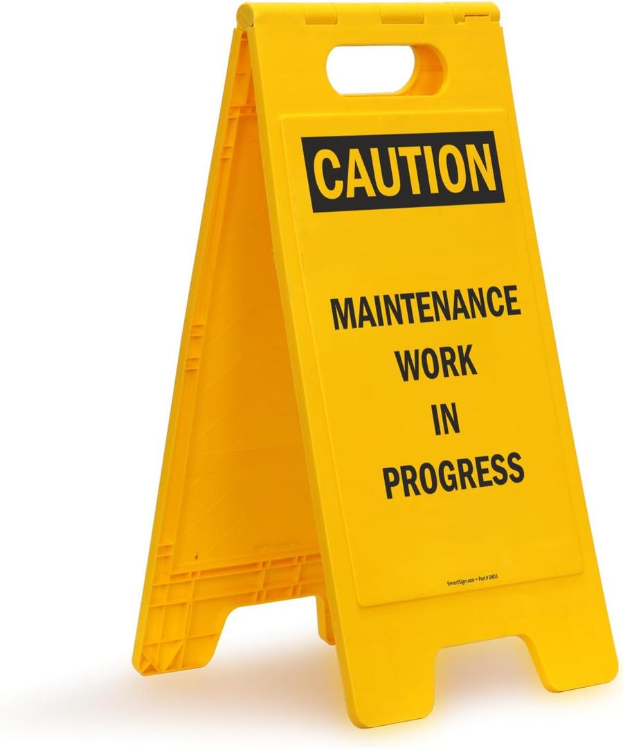 SmartSign 25 x 12 inch Caution - Maintenance Work In Progress Two-Sided Folding Floor Sign, Digitally Printed Polypropylene Plastic, Black and Yellow