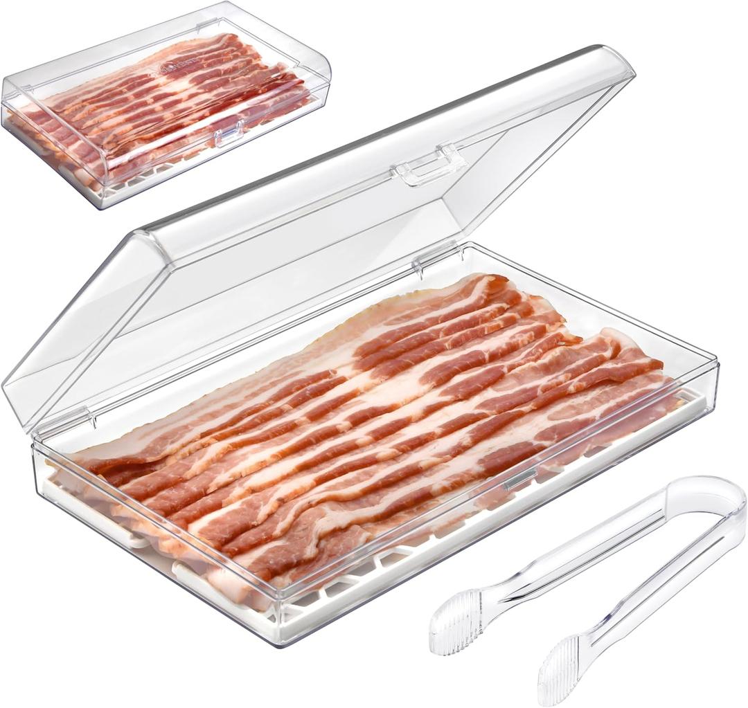 GlossyEnd Bacon Keeper Storage Container with Tong, Deli Meat Storage Container with Perforated Tray for Freshness, Clear Durable Plastic - Dishwasher and Freezer Safe - Size: 11 x 6.5 x 2