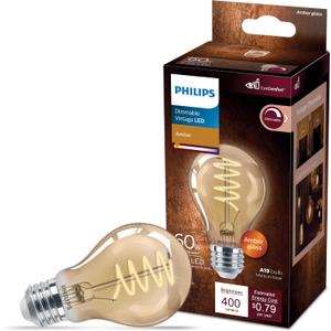 PHILIPS LED 60W A19 1-Pack Vintage Edison Spiral Amber (2000K) 400 Lumen (6.5W = 60W) Dimmable Flicker-Free Light Bulb