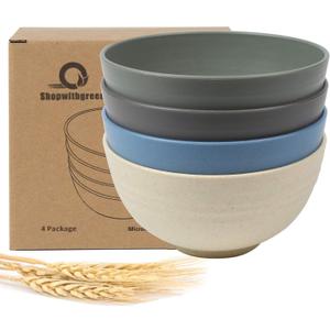Wheat Straw Cereal Bowls, Reusable Bowls for Kitchen, Plastic Bowl Set of 4, Microwave and Dishwasher Safe Bowls for Salad, Soup, Oatmeal, Ramen, Camping, Kids, College Dorm, 26 OZ, Coastal Color