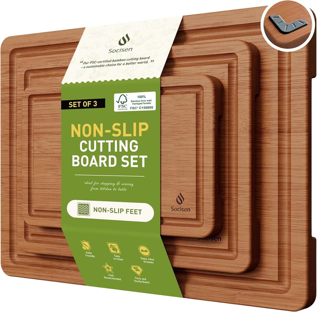 3 Packs Bamboo Cutting Board Set with Non Slip Feet and Over Sink Nice Solid Thick Wood Juice Groove Chopping Board Extra Large Big Small Best Hardwood Kitchen Counter Organic Vegetable (Brown)