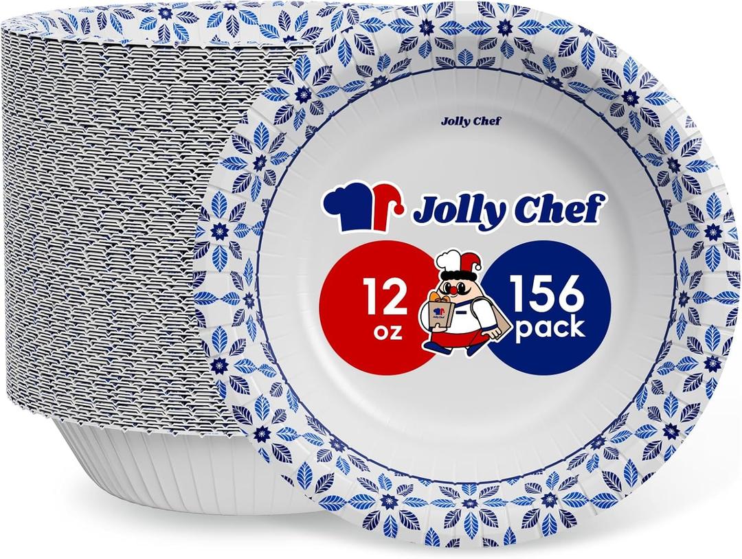 JOLLY CHEF 156 Count Paper Bowls 12 oz Soak Proof, Heavy Duty Printed Disposable Small Bowls Bulk for Dinner or Thanksgiving