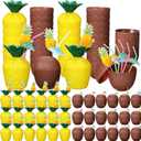 Amyhill 60 Pcs Coconut Pineapple Cups with 60 Umbrella Straws and 60 Cocktail Drink Picks Hawaiian Luau Tiki and Beach Party Decorations Plastic Drink Cups Set for Summer Supplies Adults