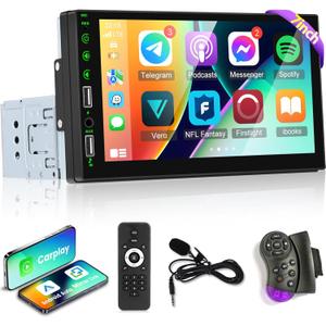 7 inch HD Single Din Touchscreen Car Stereo - Carplay and Android Auto, 1 Din Car Radio with Bluetooth, Mirror Link, FM Radio, Steering Wheel Control + Microphone