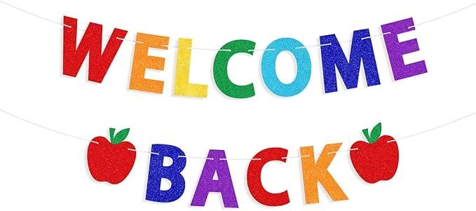 2 Pcs YQUQWN Glitter Welcome Back To School Banner Colorful No DIY, First Day of School Sign, Back to School Banner, Welcome Back to School Decorations, Classroom Party Decor, Indoor Outdoor Hanging Sign