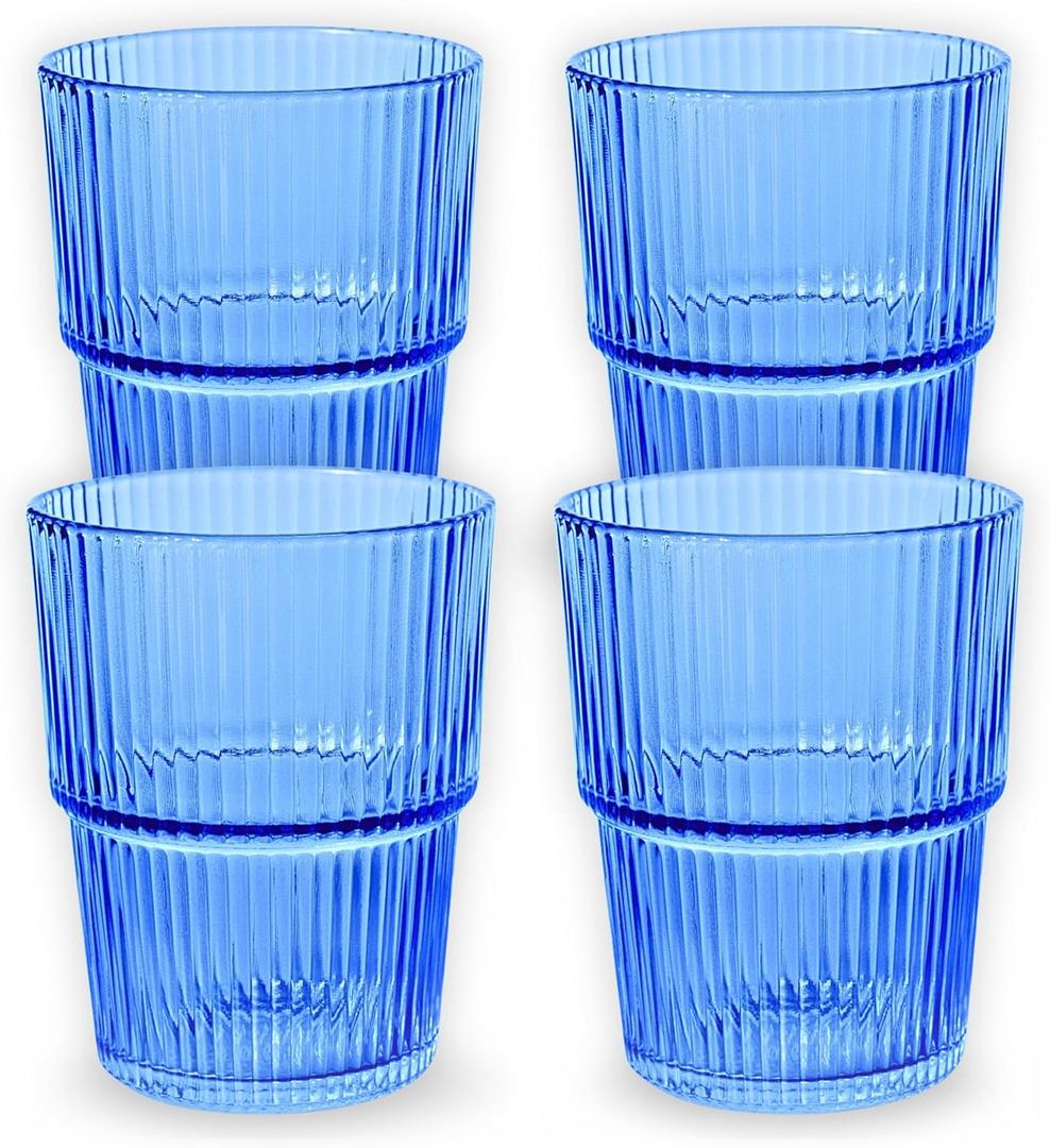 Ribbed Drinking Glasses Set of 4 - Stackable Glass Cups for Kitchen - Iced Coffee, Water, Juice & Mocktails - Aesthetic Water Tumblers Elegant Hostess Gifts Home Essentials (14 fl oz)