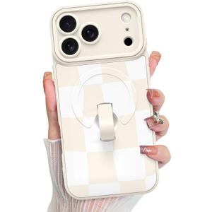 KANGHAR Compatible with iPhone 17 Pro Max Case, Support for MagSafe, Silicone Checkered Cute Pattern, Wristband Kickstand Camera Protection Soft Slim Cover for Girls Women -White