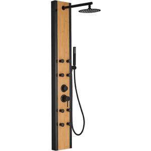 Rainfall Shower Panel Shower Tower System Bamboo Wood and Stainless Steel with 8 Body Jets Massage and Adjustable Round Shower Head Handheld Wand Shower Column Wall Mount