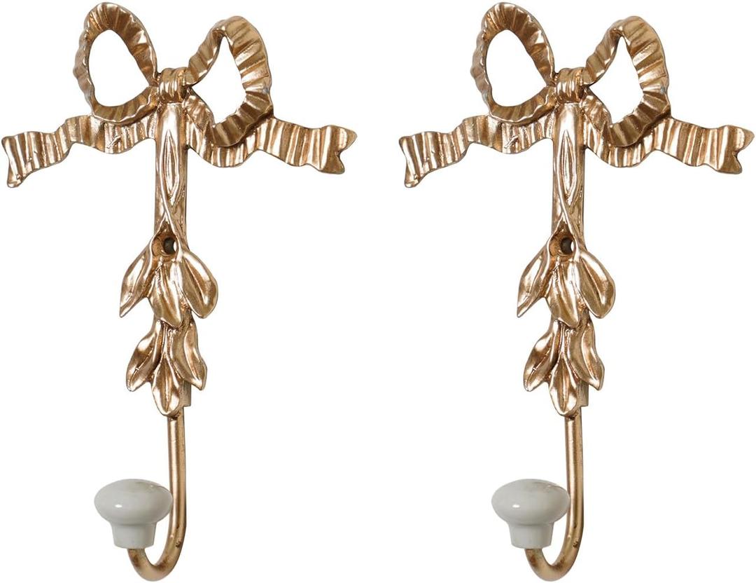 NIKKY HOME Decor Wall Hooks, Gold Bow Wall Hooks for Hanging Coats and Hats, Vintage Mounted Hook Chic Towel Hooks for Bathrooms, Clothing Hook for Bedroom 2PCS