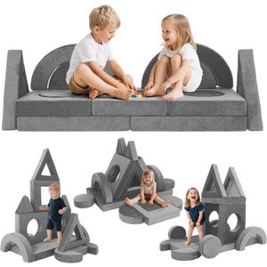 Modular Kid Play Couch 16Pcs Kids Couch Convertible Sofa Multifunctional Toddler Sofas Building Fort for Inspiring Children Creativity for Bedroom Playroom and Living Rooms (Dark Grey)