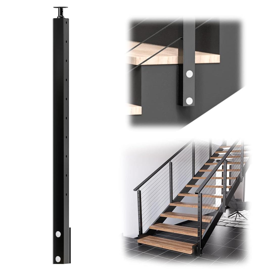 Muzata Black Side Mount Stair Cable Railing Post 36 Inch for 25-35 Degrees Stair 36"x2"x2" Patent Design for Both Left&Right Side Cable Railing System Kit Indoor Outdoor PF01 BB4S (Stair post)