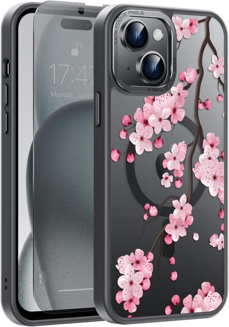 Goodon for iPhone 15 Plus Case with Privacy Screen Protector, Compatible with Magsafe, Shockproof Translucent Matte Cover - Cute Floral Design Phone Case for Women and Girls - Blooming Cherry