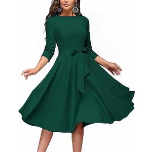 FENJAR Women's Cocktail Dresses 3/4 Sleeve Vintage Wedding Guest Work Semi Formal A Line Dresses Midi with Belt (US, Alpha, Medium, Regular, Regular, Green)