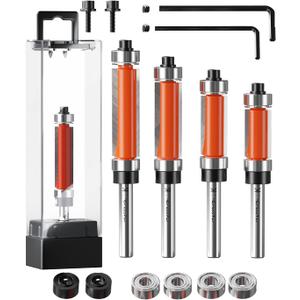 Crosstar 4Pcs Flush Trim Router Bit Set 1/4" Shank, Top & Bottom Bearing, Carbide Template Guide Bits for Woodworking - 1/2" Diameter, 3/4", 1", 1-1/4", 1-1/2" Cutting Length with Wrenches & Bearings